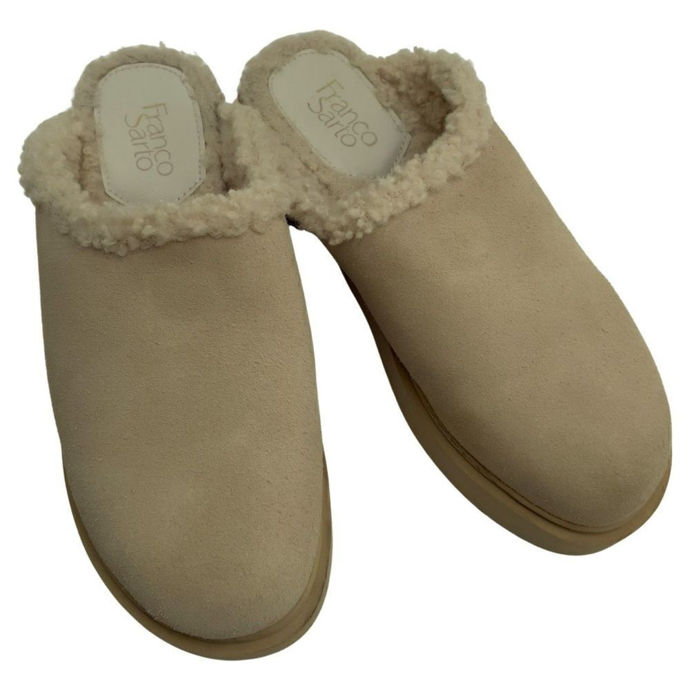 Franco Sarto Waleria Clogs Suede Faux Fur Slip On Mules Beige Sand Women's Sz 9M